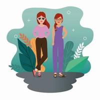 group of women standing with leafs tropicals vector