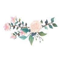 Linda rosa con flores y hojas icono aislado vector