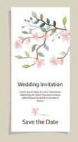 Tarjeta de invitación de boda con decoración de ramas y flores. vector