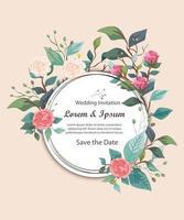 Tarjeta de invitación de boda circular con flores y hojas. vector