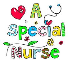 una enfermera especial dibujada a mano doodle texto título letras vector