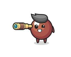 cute chocolate ball character is holding an old telescope vector