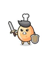 cute fried chicken soldier fighting with sword and shield vector