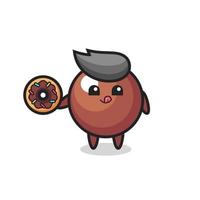 illustration of an chocolate ball character eating a doughnut vector