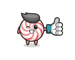 cute candy with social media thumbs up symbol vector