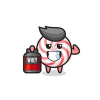 the muscular candy character is holding a protein supplement vector