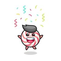 happy candy mascot jumping for congratulation with colour confetti vector