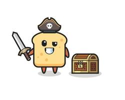 el personaje pirata del pan sosteniendo la espada al lado de un cofre del tesoro vector