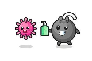 Ilustración del personaje de bomba persiguiendo virus maligno con desinfectante de manos vector