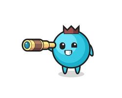 cute blueberry character is holding an old telescope vector
