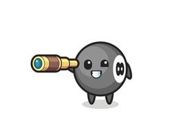 cute 8 ball billiard character is holding an old telescope