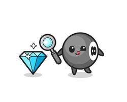 8 ball billiard mascot is checking the authenticity of a diamond