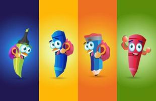 Cool Cartoon pencils mascots with different poses illustrations vector