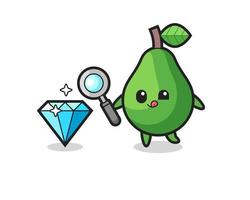 La mascota del aguacate está comprobando la autenticidad de un diamante. vector