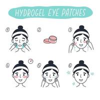 Pasos sobre cómo aplicar parches de hidrogel para los ojos. elementos vectoriales. vector