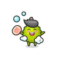 durian character is bathing while holding soap vector