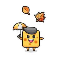 cartoon of the cute cheese holding an umbrella in autumn vector