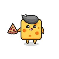 cute cheese cartoon eating pizza vector