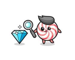 candy mascot is checking the authenticity of a diamond vector