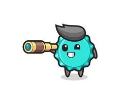 cute bottle cap character is holding an old telescope vector