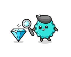 bottle cap mascot is checking the authenticity of a diamond vector