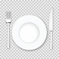 plato vacío con cuchillo y tenedor aislado en blanco.