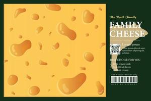 Etiqueta de embalaje de queso fresco con paisaje rural, vacas y terneros. vector