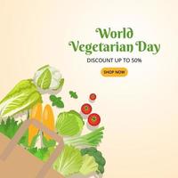 World vegetarian sale banner with vegetables drop out from a bag vector