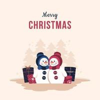 Fondo de feliz navidad con pareja de muñeco de nieve en diseño plano vector