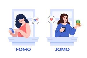 concepto fomo vs jomo en diseño plano vector