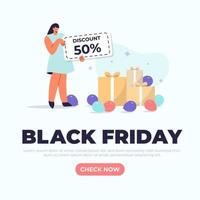 Black friday banner with a staff holding discount code in flat design vector