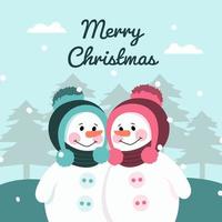 Merry Christmas background with lovely couple snowman in flat design