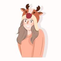 Portrait of a lovely girl wearing christmas deer hat in flat design vector