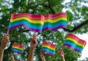 varias manos sostienen pequeñas banderas arcoiris del movimiento lgbtq foto