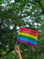 A hand holds a rainbow flag of the LGBTQ movement, green in background