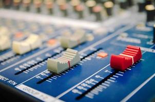 Audio mixer console and sound mixing with buttons and sliders. photo