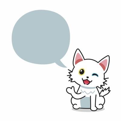 Cartoon character white cat with speech bubble