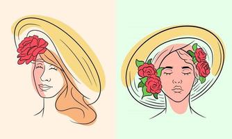 Girl in a hat abstraction. Girl with roses on a headdress. Line style. vector