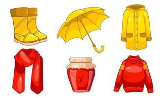 Autumn set. Jam, scarf, raincoat, sweater, rubber boots, umbrella. vector