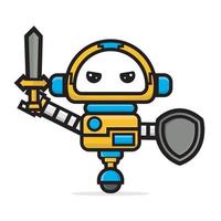 Cute characters robot holding sword and shield vector