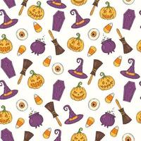 Seamless pattern with Halloween colored icons.  in sketch style. vector