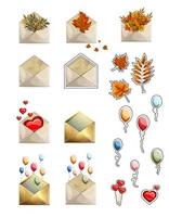 sobres y objetos que simbolizan las vacaciones de otoño y pegatinas vector