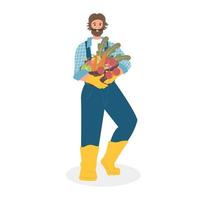 agricultor en ropa de trabajo con una canasta de verduras en sus manos. vector