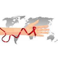 mano con cinta de concienciación del día del sida y planeta tierra vector