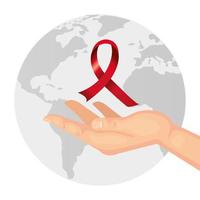 hand with aids day awareness ribbon and planet earth vector