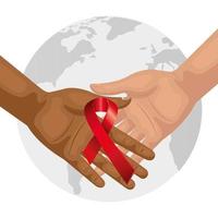 hands with aids day awareness ribbon and planet earth vector