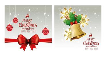 set poster of merry christmas and happy new year with decoration vector