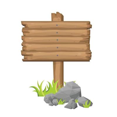 Wooden sign board on grass in cartoon style