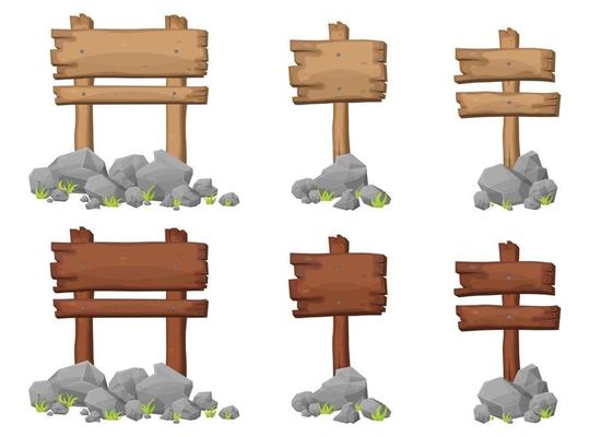 Set of wooden sign board with rocks and boulders in cartoon style