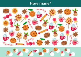 Counting children game of cartoon winter food. vector